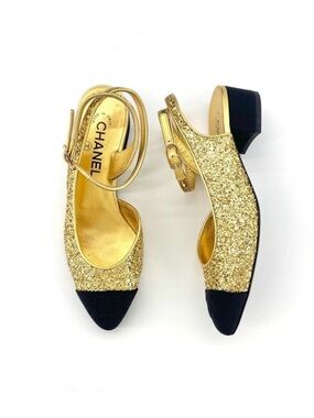 CHANEL Gold Glitter Slingback Pumps with Black Cap Toe